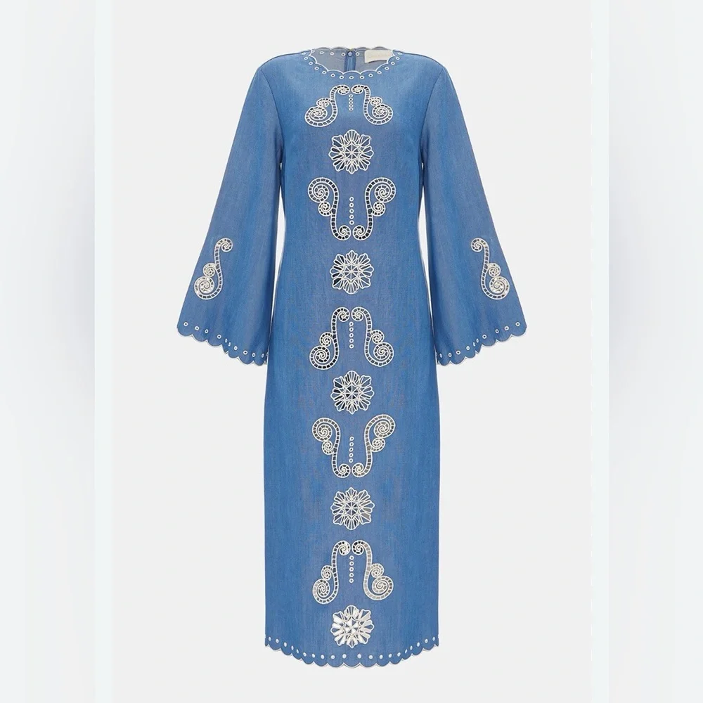 LOVE! NWT Tuckernuck Caroline K Blue Chambray Scalloped Dress Sz Large 8 10 12 - Picture 2 of 5